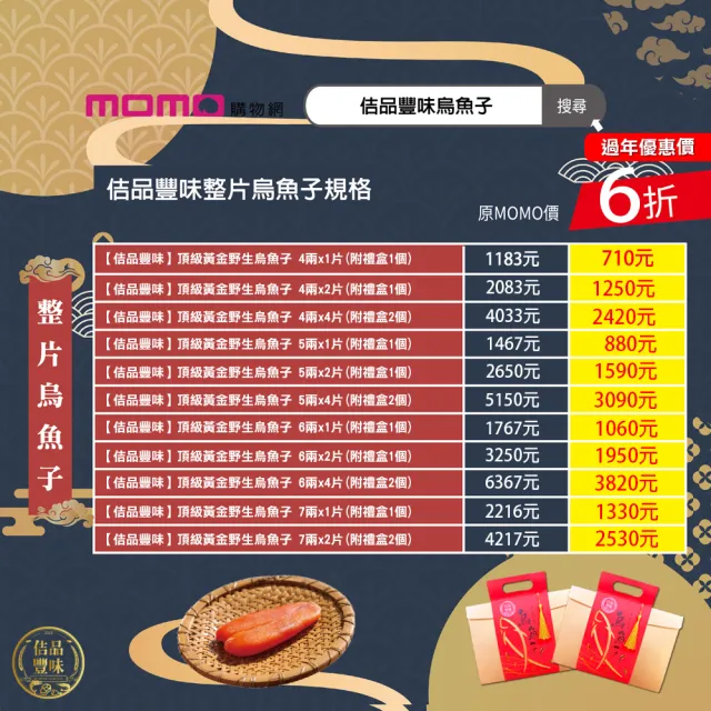 【佶品豐味】厚切一口吃烏魚子 300g*2盒 小金福禮盒(豐收伴手禮 野生烏魚子春節過年送禮年菜零嘴)