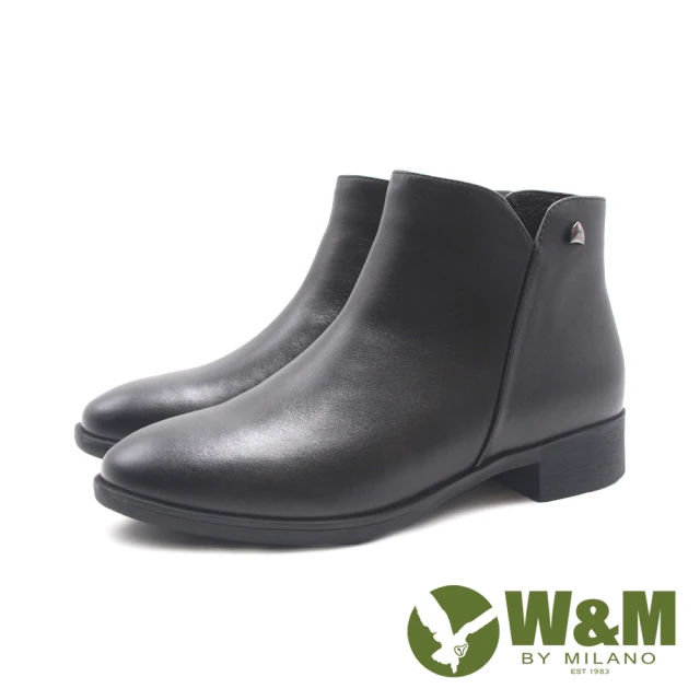 W&MW&M 女 質感銀釦V口內拉鍊低跟女靴 女鞋(黑色)
