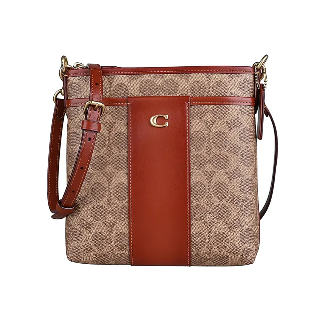 【COACH】Kitt經典C LOGO拼接皮革塗層帆布斜背包(卡其x紅棕)