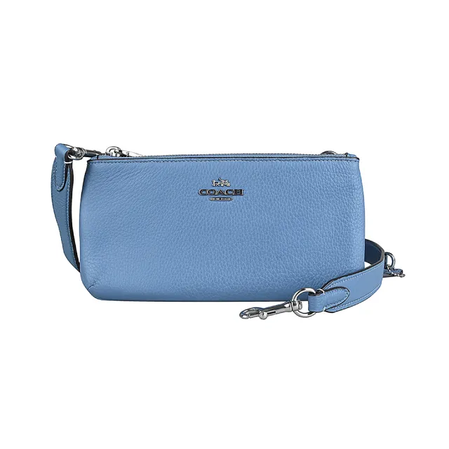【COACH】經典銀色金屬LOGO鵝卵石紋路皮革斜背包(淺藍)