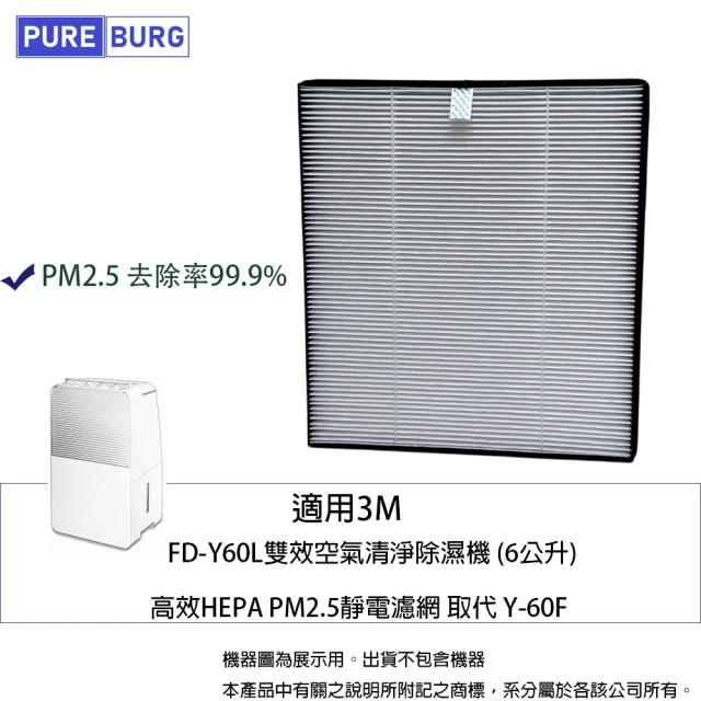PUREBURG 適用3M FD-Y60L雙效空氣清淨除濕機 高效HEPA PM2.5靜電濾網 取代 Y-60F