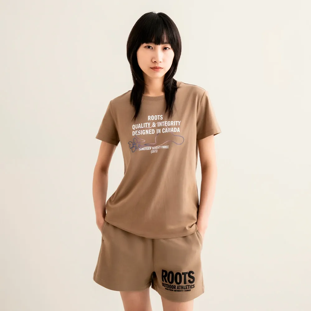 【Roots】Roots 女裝-摩登都市系列 漸層海狸線條短袖T恤(棕褐色)