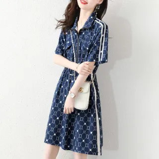 【初色】換季出清 清涼感復古襯衫領抽繩收腰文藝印花運動風連身洋裝連衣裙-藍色-67629(M-2XL可選/快速出貨)