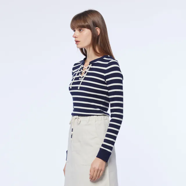 【NAUTICA】女裝 撞色條紋針織衫(深藍)