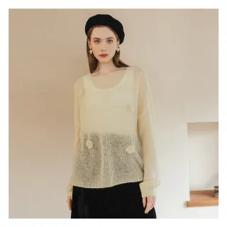 【Jessica Red】輕薄甜美立體花朵寬鬆鏤空毛衣R34501（黃）