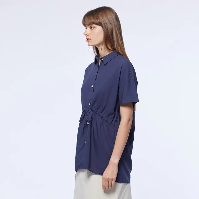 【NAUTICA】女裝 素面抽繩短袖襯衫(深藍)