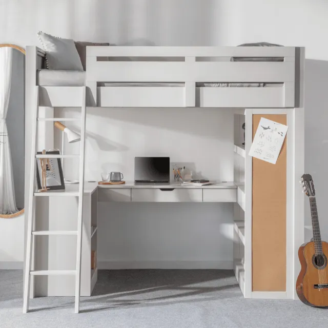 【LEVANA】StudyLoft 書桌高架床+MIT天絲護脊獨立筒床墊(兒童床/成長床/多功能床/書桌床)