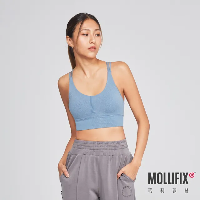 【Mollifix 瑪莉菲絲】A++水洗丹寧美背智溫BRA、瑜珈服、無鋼圈、開運內衣(牛仔藍)