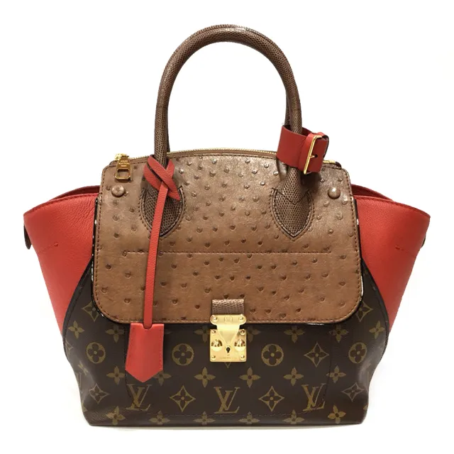 【Louis Vuitton 路易威登】N91662 經典限量秀款鴕鳥皮拼接Monogram花紋手提包(全新展示品-紅色)