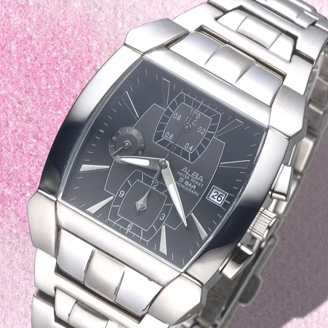 【ALBA】雅柏手錶 決戰未來三眼碼錶計時黑面鋼帶男錶/AF8D63X1(保固二年)