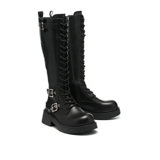 【MISS 21】帥氣潮感方釦綁帶純色牛皮厚底長靴(黑)