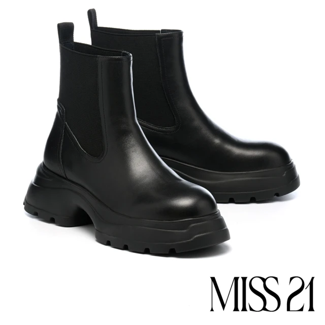 MISS 21 未來潮感異材質拼接切爾西大頭厚底短靴(黑)好