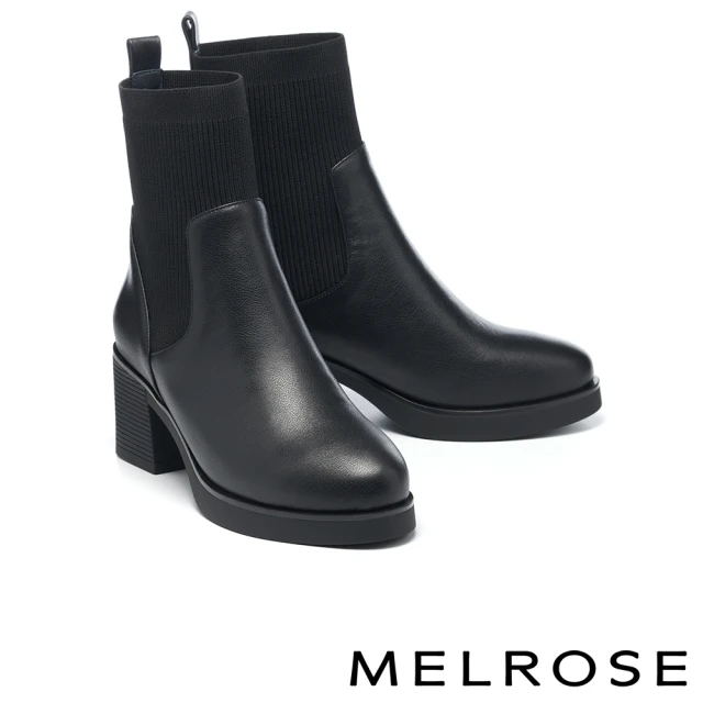 MELROSE 美樂斯 率性時髦飛織拼接牛皮高跟短靴(黑)