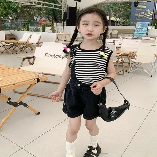 【安朵童舖】現貨韓版女童夏季背心吊帶套裝兒童背心上衣吊帶褲條紋背心上衣吊帶褲兩件式套裝童裝(049)