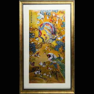 【金雕大師何超】百鳥朝鳳獻祥瑞金屬彩繪宮廷畫