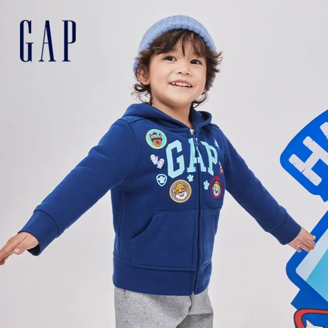 GAP】男幼童裝Gap x 汪汪隊立大功聯名Logo印花刷毛連帽外套-深藍色