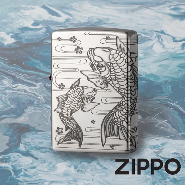 【Zippo官方直營】櫻花鯉魚-全銀-防風打火機(美國防風打火機)