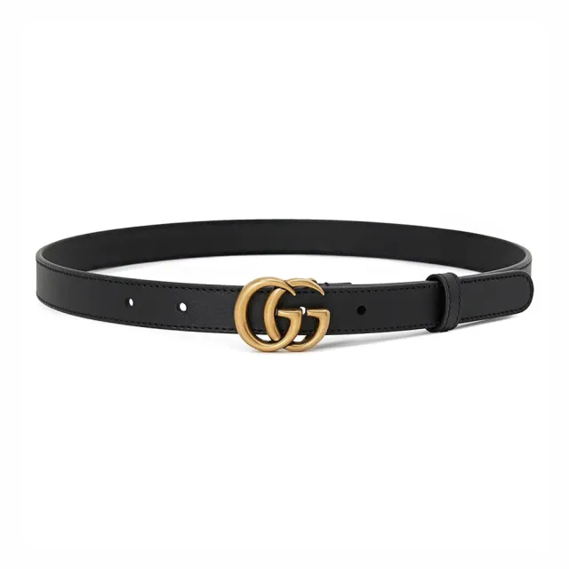 【GUCCI 古馳】409417 經典仿舊金色金屬雙G LOGO滑面小牛皮細版釦式腰帶/皮帶(黑色)