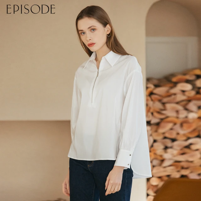 EPISODE 休閒寬鬆拉鏈棉質長袖襯衫E35302（白）