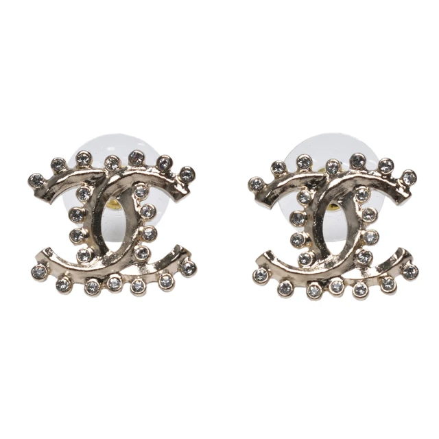 CHANEL 香奈兒 經典雙C LOGO排鑽鑲飾穿式耳環(金色AB6634-OR)