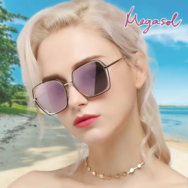 【MEGASOL】UV400防眩偏光太陽眼鏡時尚女仕中性大框墨鏡(精緻簍空多邊形矩方大框9160-多色選)