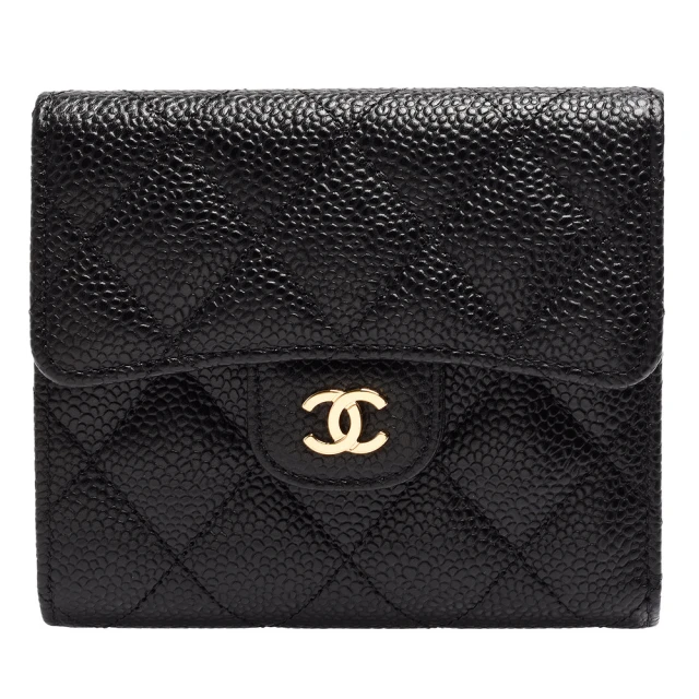 CHANEL 香奈兒 經典亮金色雙C LOGO菱格粒紋牛皮釦式三折短夾(黑AP0231C-BLK-GP)