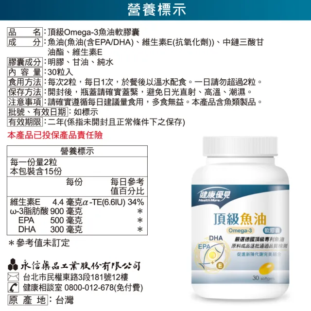 即期品【健康優見】頂級Omega-3魚油軟膠囊(30粒/瓶)-永信監製