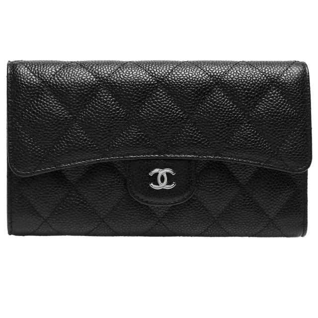 【CHANEL 香奈兒】經典銀色雙C LOGO菱格粒紋牛皮暗釦長夾(黑色AP0241C-BLK-SS)