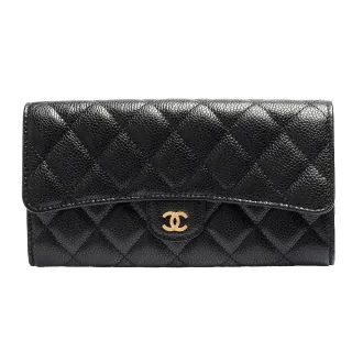 【CHANEL 香奈兒】經典金色雙C LOGO菱格粒紋牛皮暗釦長夾(黑色AP0241C-BLK-GP)