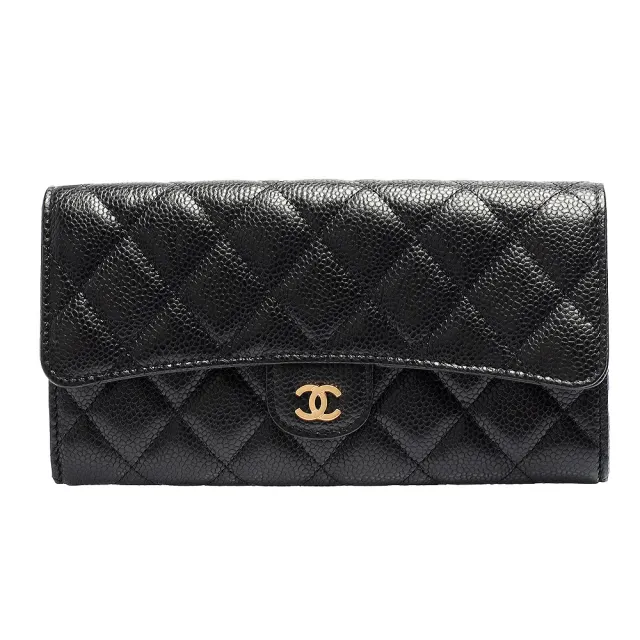 【CHANEL 香奈兒】經典金色雙C LOGO菱格粒紋牛皮暗釦長夾(黑色AP0241C-BLK-GP)『entrupy安心購』