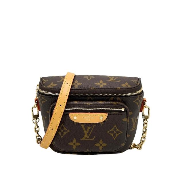 LV LOUIS VUITTON 路易威登 M82335 Mini Bumbag 帆布斜揹包，咖啡色系設計，適合女性日常使用。外層為高質感帆布，內層為微纖維襯裡，提供舒適的使用體驗。商品包含防塵袋、影證、鍊帶、背帶及原廠盒，為歐洲真品平行輸入，無內部夾層與外袋設計，不附底珠與可放A4功能，僅限鑑賞，請確認配件與規格後再下單。