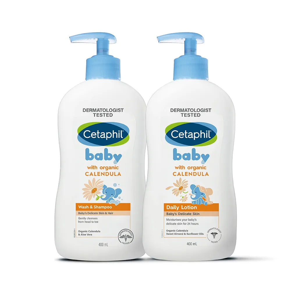 【Cetaphil 舒特膚】官方直營 baby舒緩潤膚乳 400ml+舒緩洗髮沐浴露 400ml(金盞花/乳油木B5)