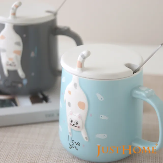 【Just Home】幸福貓陶瓷馬克杯420ml-附杯蓋及湯匙(馬克杯2入組)