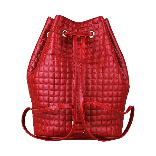 【CELINE】CELINE C Charms金屬LOGO壓印格紋設計小牛皮束口後背包(紅)