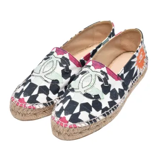 【CHANEL 香奈兒】經典Espadrilles雙C LOGO帆布鉛筆鞋(白/黑色G29762-WHI-BLK)