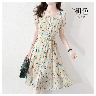 【初色】換季出清 韓版碎花印花雪紡連身裙洋裝-花色-61471(M-2XL可選/快速出貨)