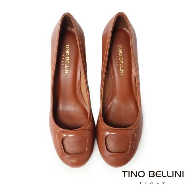 【TINO BELLINI 貝里尼】巴西進口梯形扣圓頭粗跟鞋FWDT020-9(焦糖)