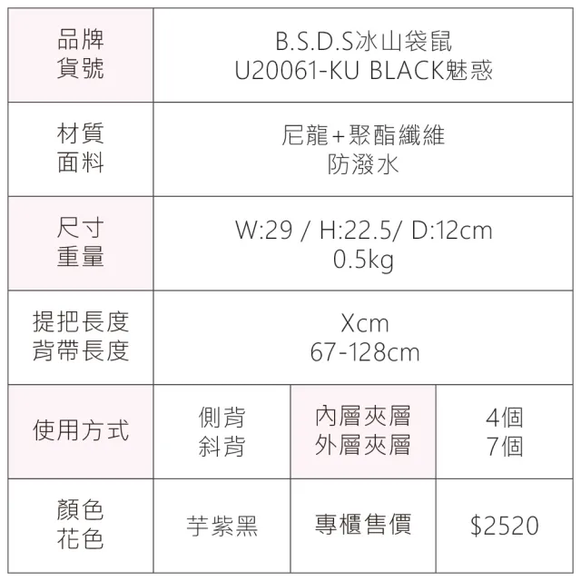 【冰山袋鼠】BLACK魅惑 - 典雅拼接多層收納斜背包 - 芋紫黑(U20061-KU)