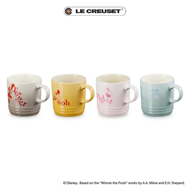 【Le Creuset】小熊維尼系列 瓷器英式馬克杯350ml-4入組(溫桲黃/貝殼粉/海洋之花/肉豆蔻)
