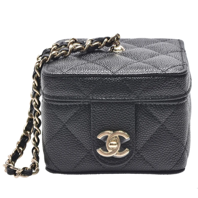 CHANEL 香奈兒 經典雙C LOGO菱格粒紋牛皮手拿小方塊化妝包(黑色AP3309C-BLK-GP)