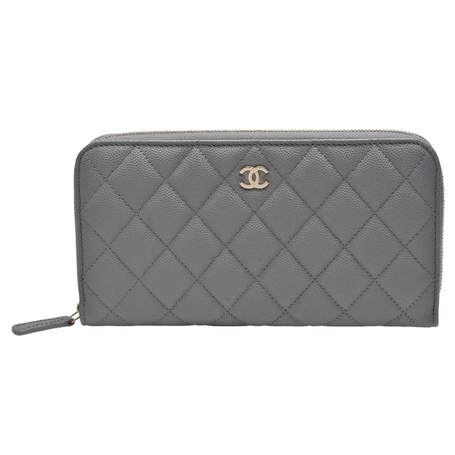 CHANEL 香奈兒 經典金色雙C LOGO菱格粒紋牛皮拉鍊長夾(灰色AP0242C-GRAY-GP)