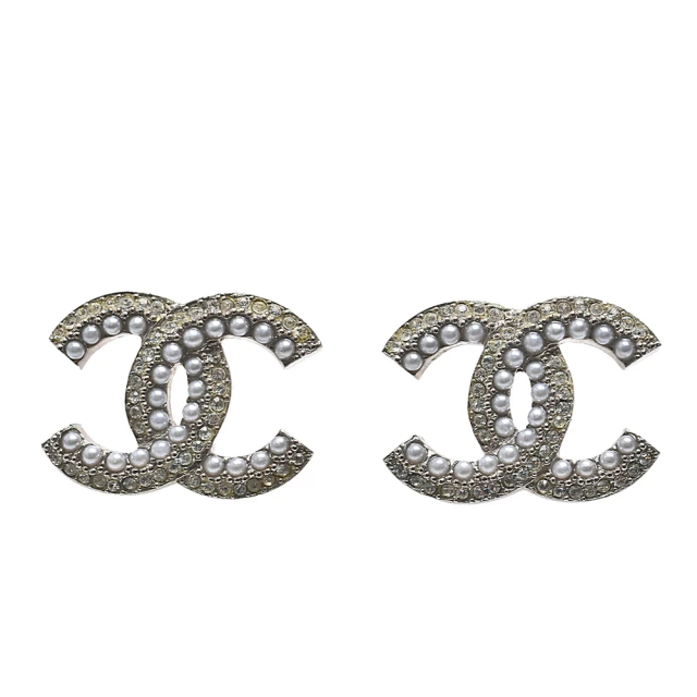 CHANEL 香奈兒 經典雙排珍珠水鑽雙C LOGO穿式耳環(銀色AB2011-ARG)