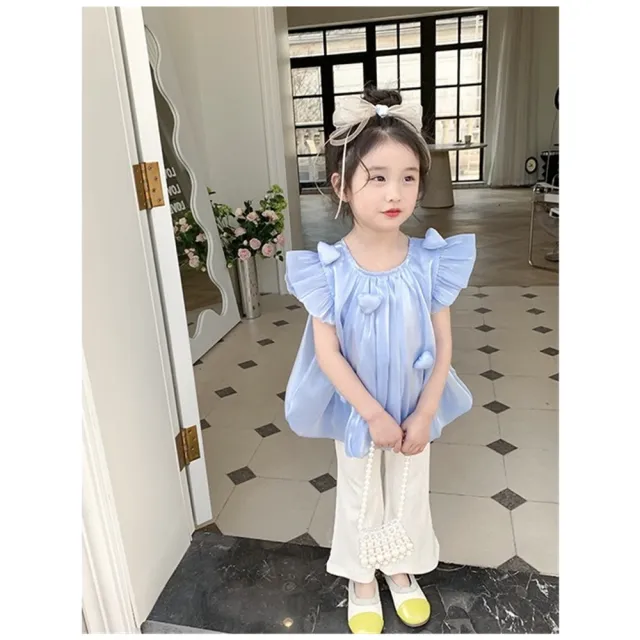 【安朵童舖】現貨韓版女童夏季絲光棉立體愛心上衣加修身微喇叭褲兒童兩件式套裝短袖上衣長褲童裝(030)