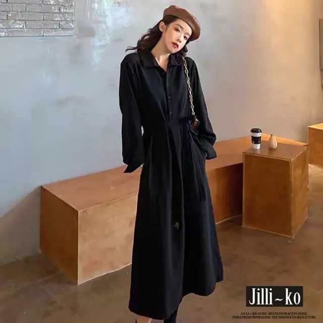 【JILLI-KO】法式氣質中長款收腰連衣裙-F(黑/咖)