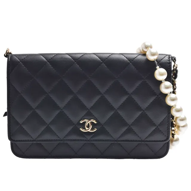 【CHANEL 香奈兒】經典雙C LOGO菱格紋小羊皮珍珠鍊帶WOC斜背包(黑色AP2579L-BLK-GP)