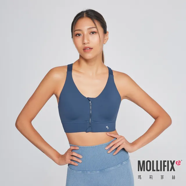 【Mollifix 瑪莉菲絲】高強度前開拉鍊挖背運動內衣、瑜珈服、無鋼圈、開運內衣(墨藍)