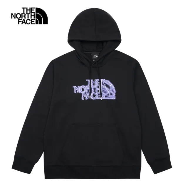 【The North Face】北面UE男款黑色純棉大尺寸閃電LOGO印花休閒長袖帽T｜8866JK3