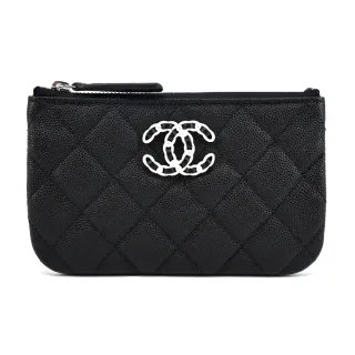 【CHANEL 香奈兒】新款經典LOGO菱格紋小牛皮拉鍊零錢包(黑色)