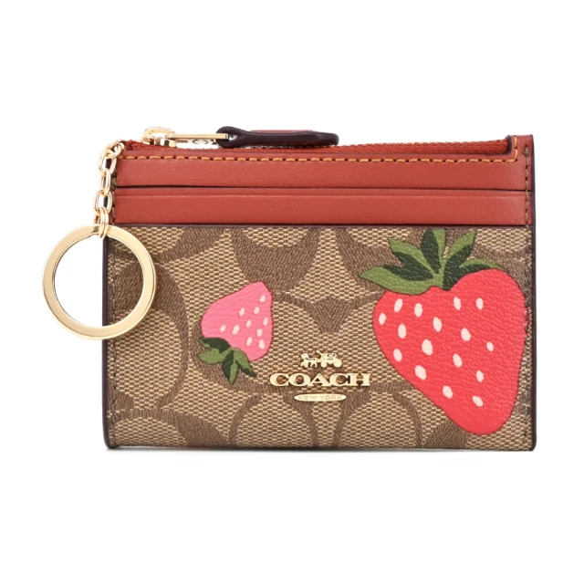 COACH 草莓xlogo PVC卡片/零錢鑰匙夾(紅棕)
