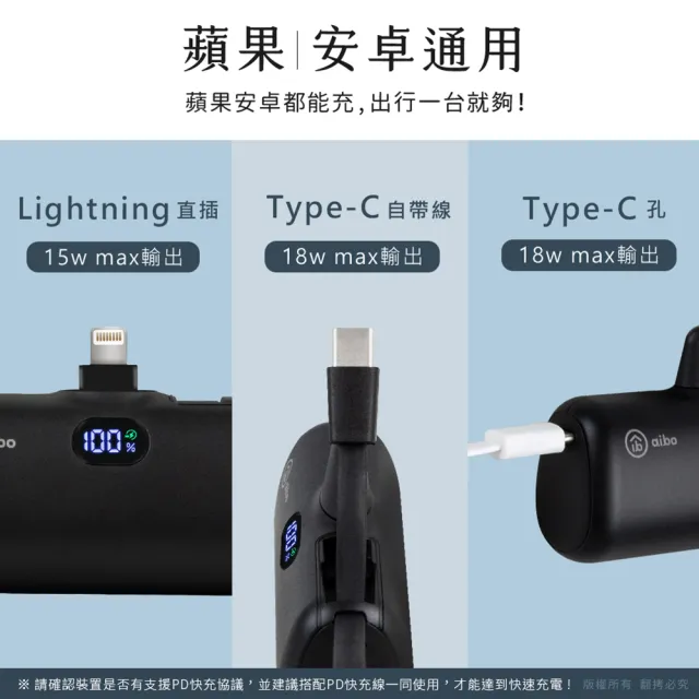 【aibo】QM50 4800mAh 18W Lightning快充直插式 行動電源(直插/自帶TYPE-C線)